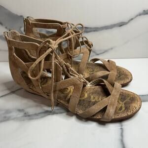 Sam Edelman Women's Tan Suede Cage Gladiator Cork Wedge Dawson Sandals Sz 9